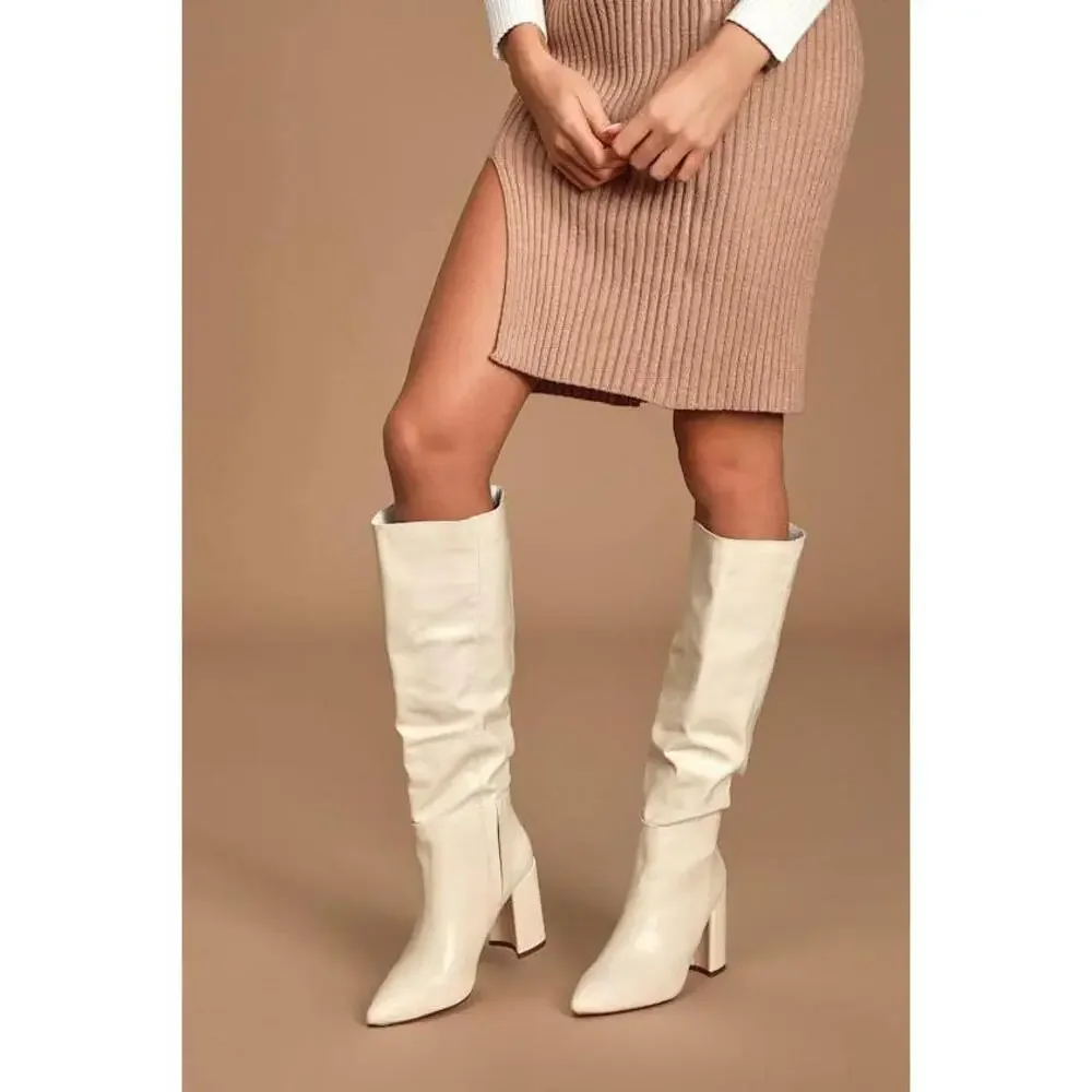 Lulus Katari Off White Pointed-toe Knee High Boots - Size 8.5
